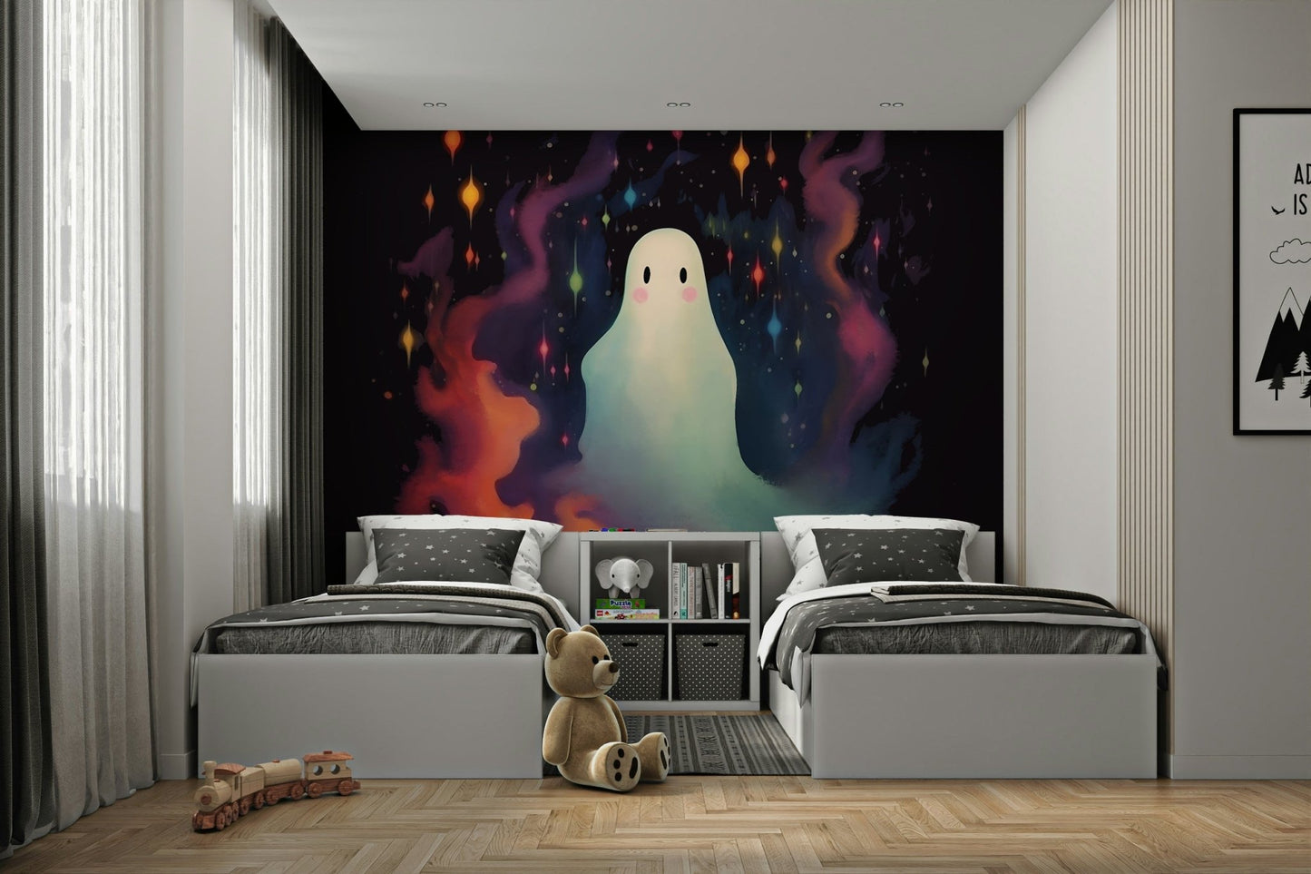 A simple, semi-transparent white ghost floats in the center.
