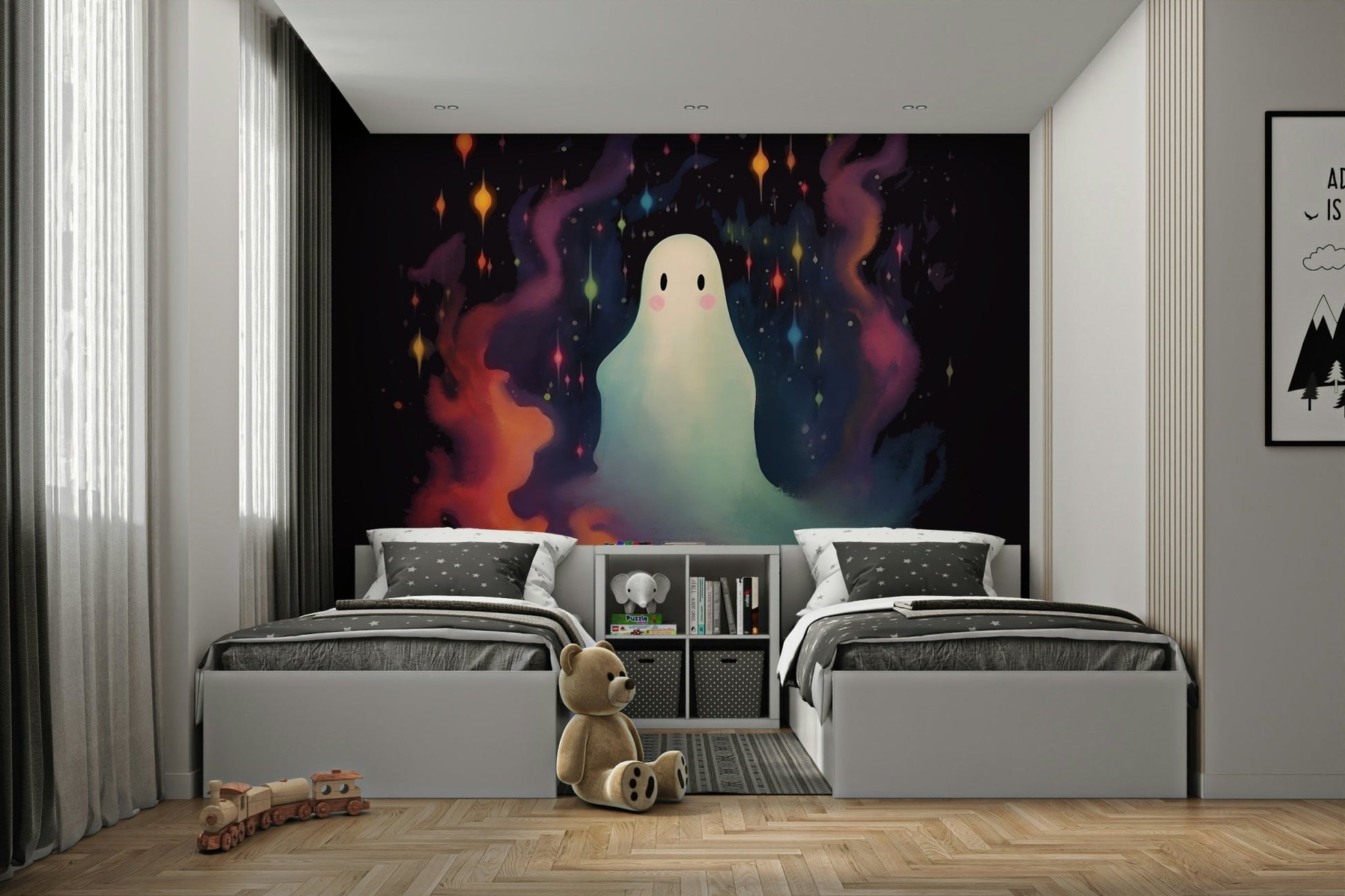 A simple, semi-transparent white ghost floats in the center.
