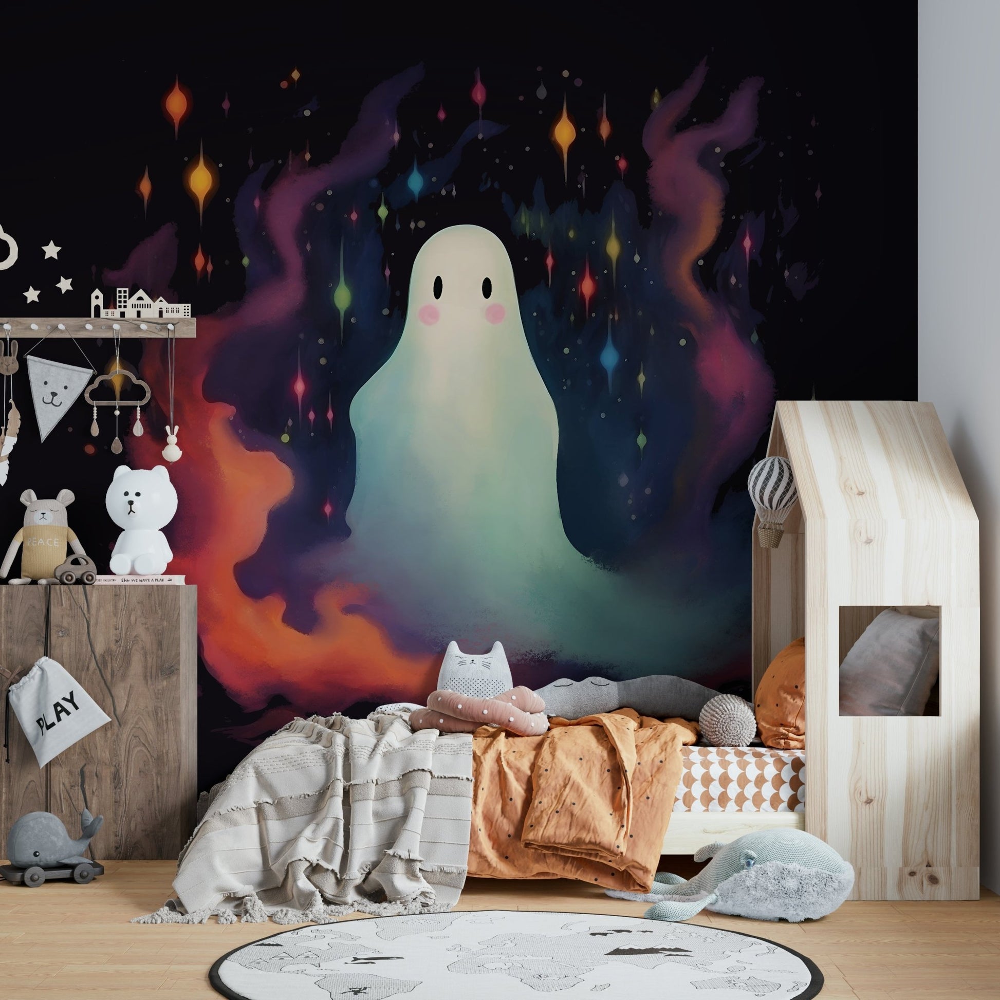 Dozens of tiny, glowing yellow dots represent fireflies.
