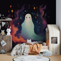 Dozens of tiny, glowing yellow dots represent fireflies.
