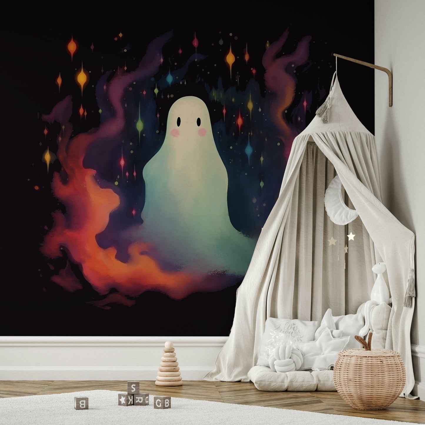 The ghost is in a field of tall, dark green grass.
