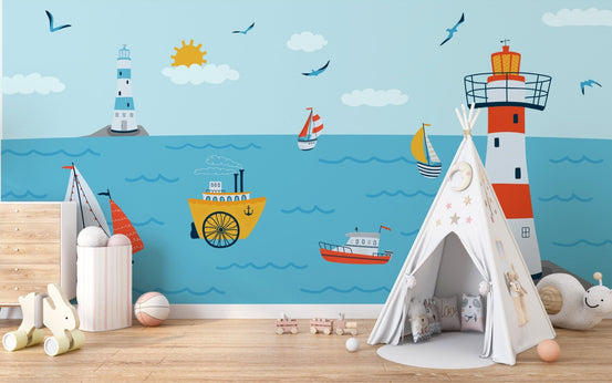 Nautical wallpaper with ocean, lighthouse, and boats A729