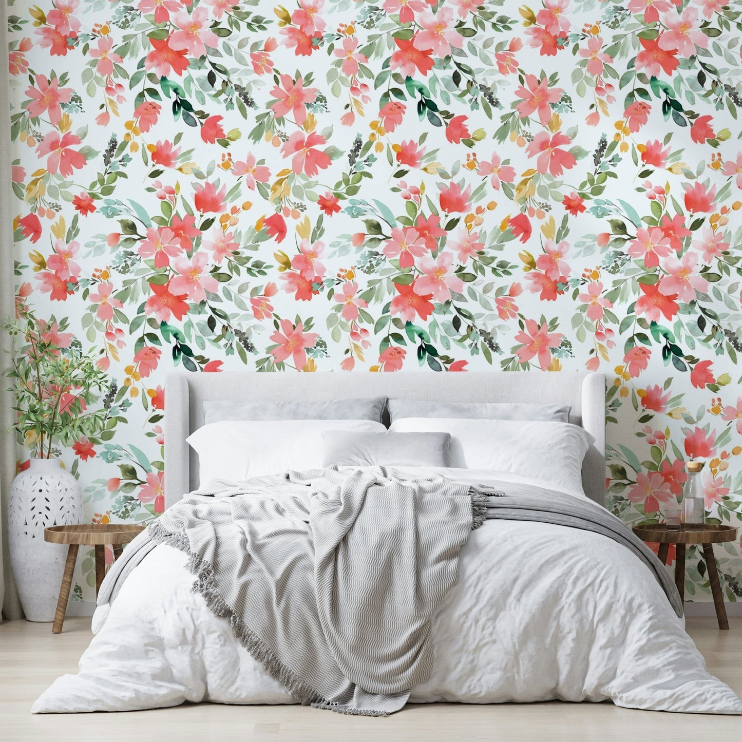 Coral Oleander floral wallpaper for interiors

