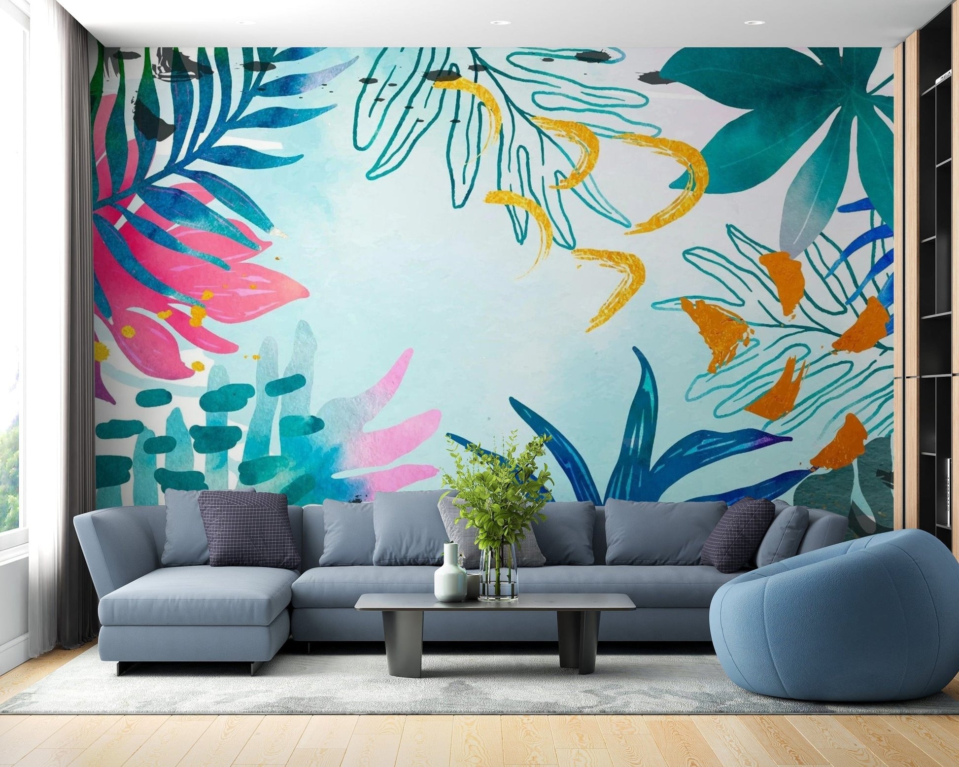 Abstract summer watercolor wallpaper mural with vivid tones. tropical-07