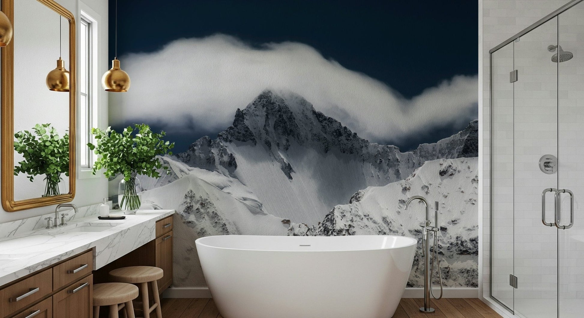 A peaceful mountain range mural on decorative wallpaper.