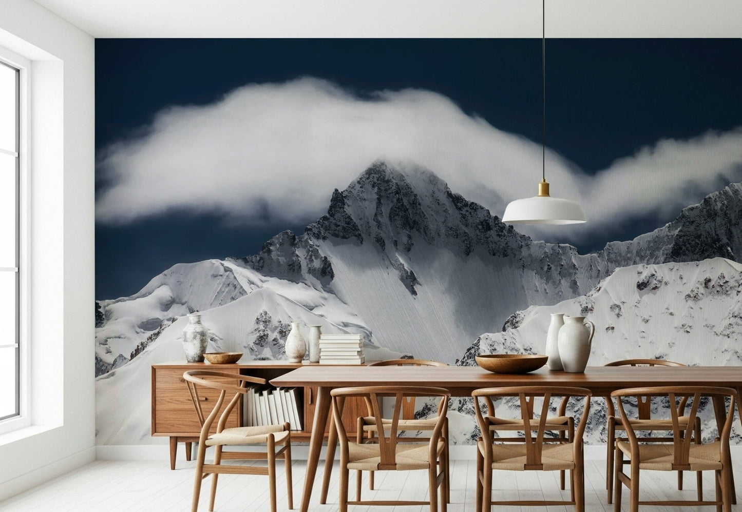 A beautiful summit cloudveil wallpaper mural with peaks obscured by mist.