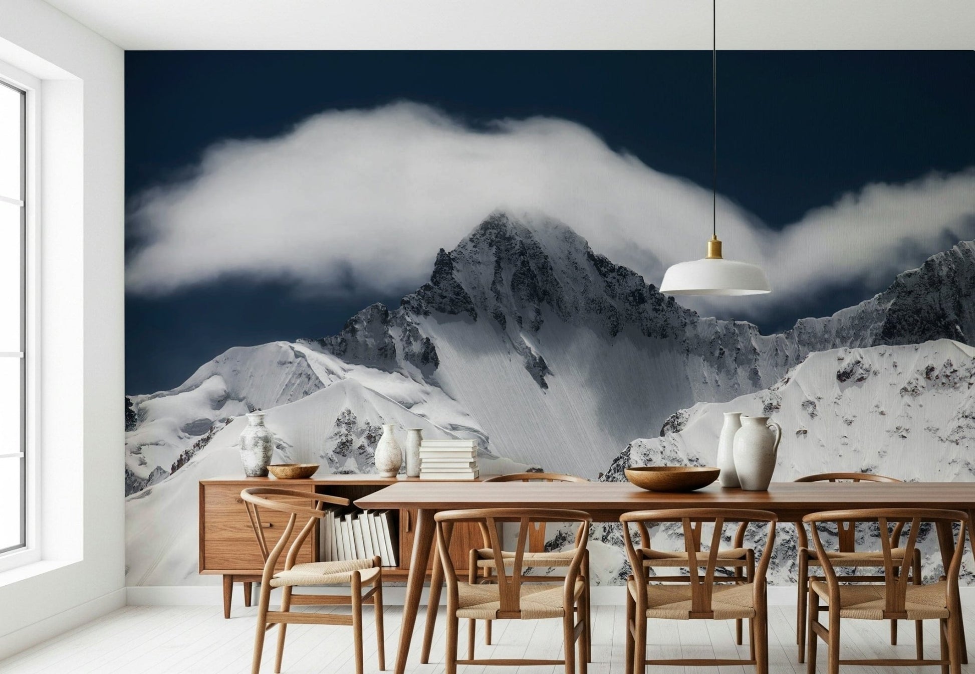 A beautiful summit cloudveil wallpaper mural with peaks obscured by mist.