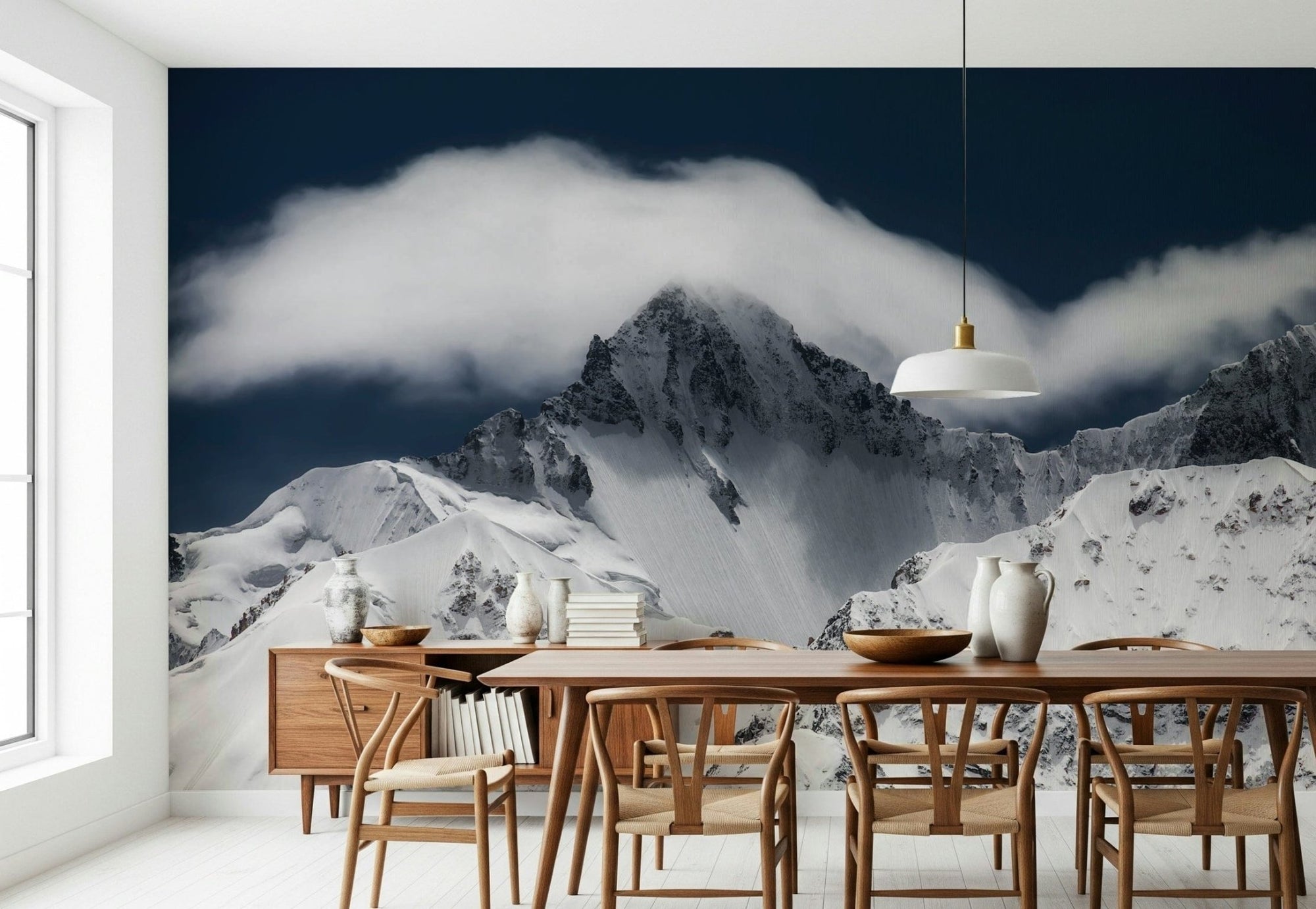 A beautiful summit cloudveil wallpaper mural with peaks obscured by mist., GD5756