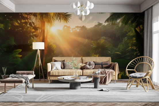 Serene Sun Kissed Rainforest wall mural for tranquil living room walls, C309