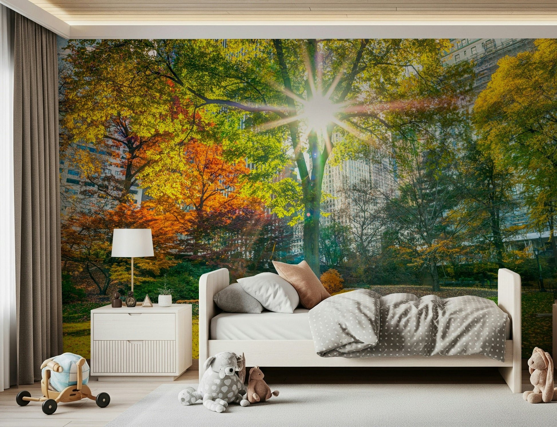 Forest nature wallpaper with golden sunlight for a bedroom wall.