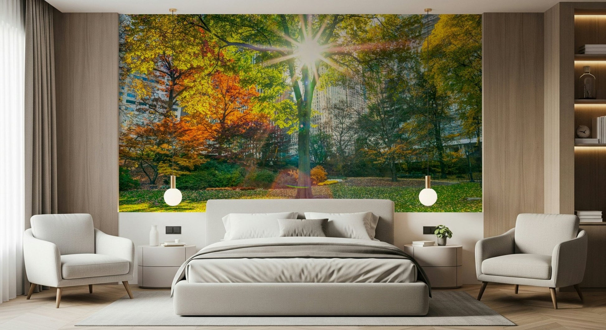 Landscape nature wallpaper showing a sunny forest path wall mural.