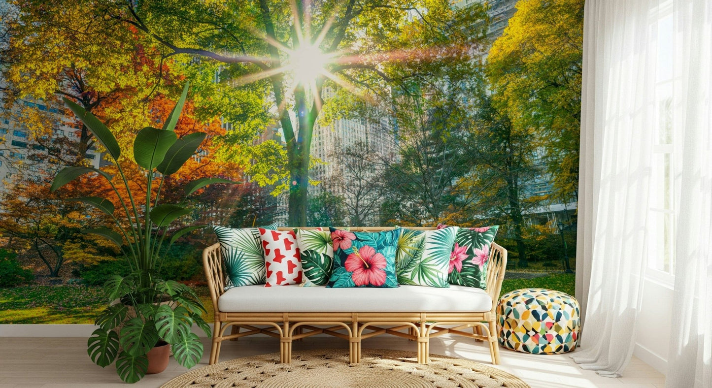 Sun Rays Through Trees wall mural behind a modern study desk.