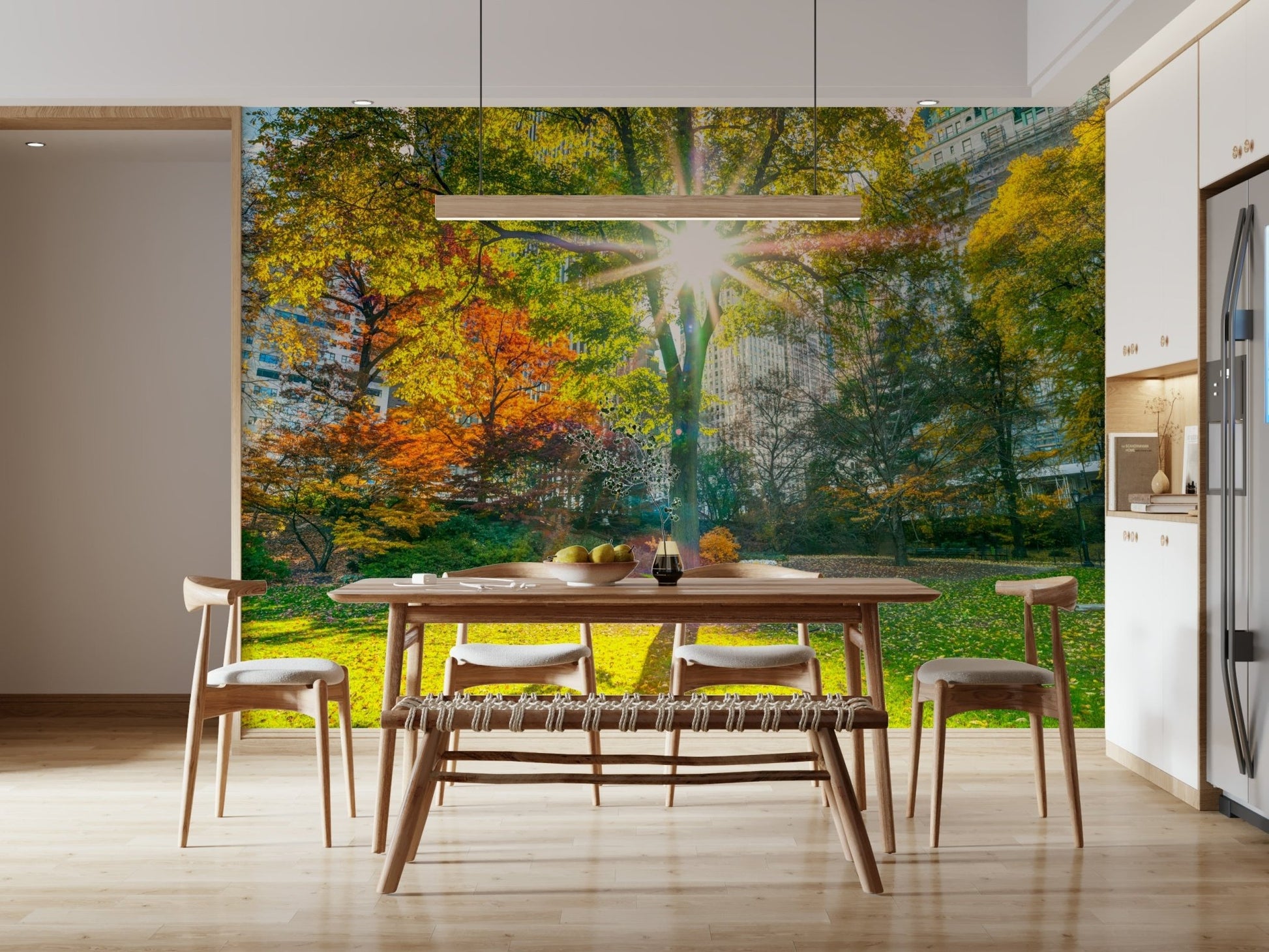 Sun Rays Through Trees wall mural in a bright living room area.