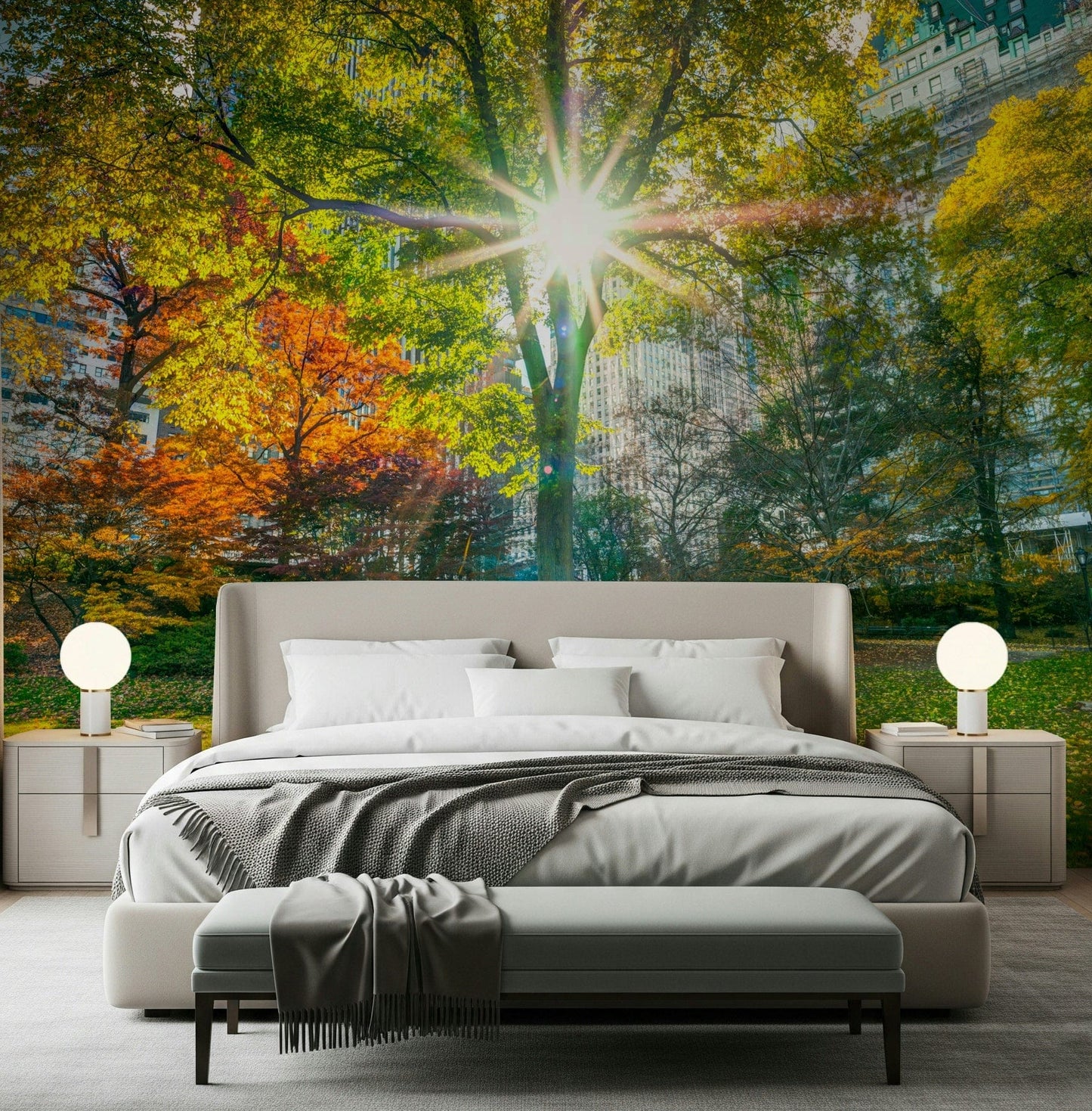 Sun Rays Through Trees wall mural in a contemporary flat lounge.