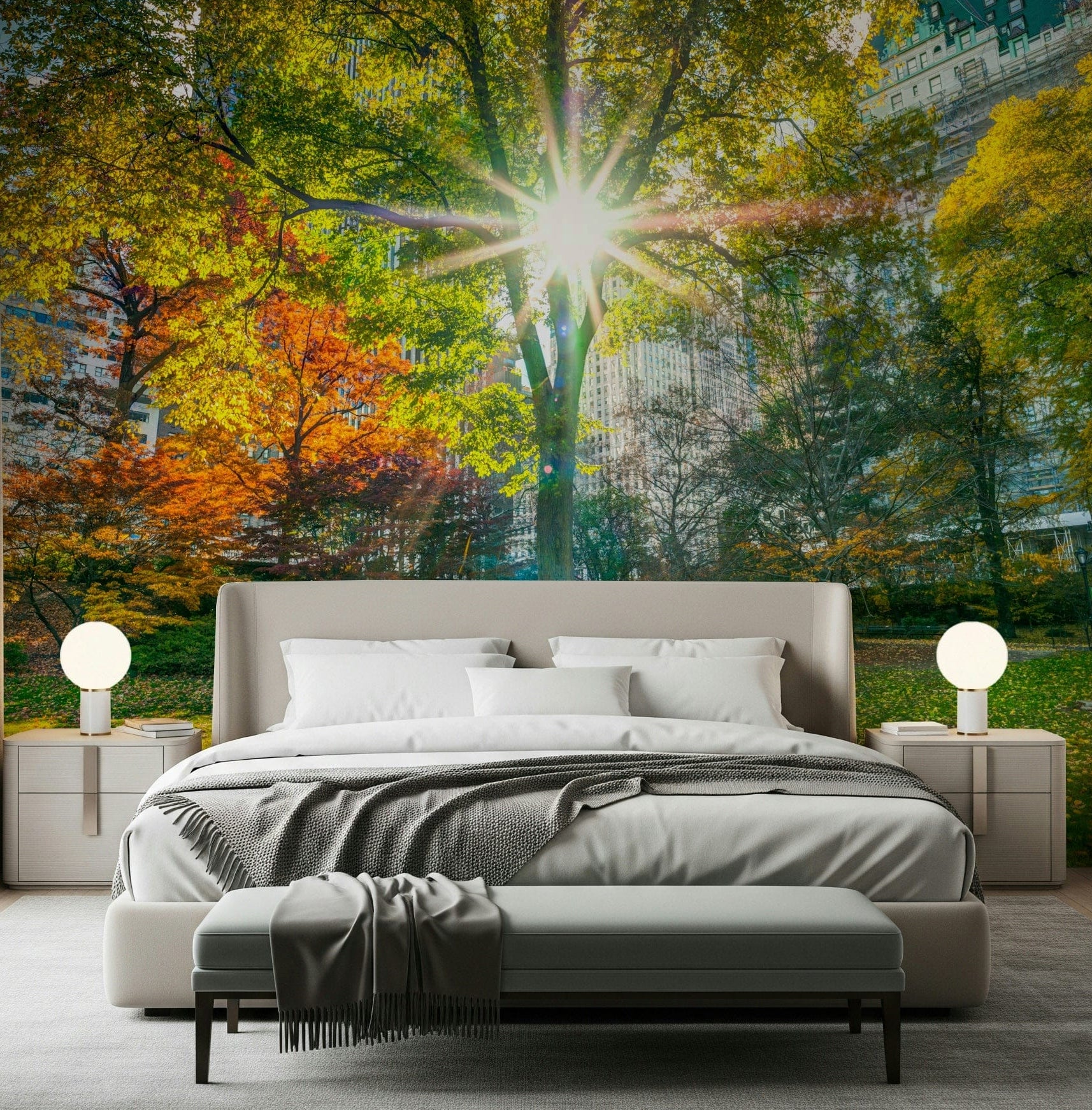 Sun Rays Through Trees wall mural in a contemporary flat lounge.