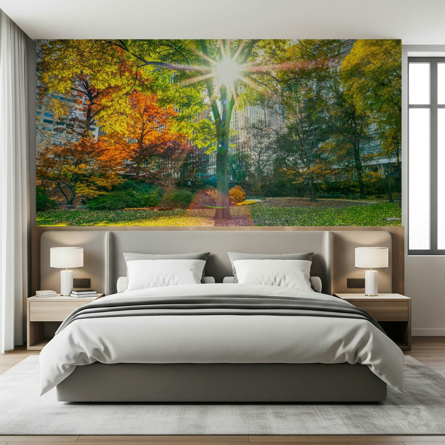 Scenic forest wall mural with yellow light beams in a hallway.