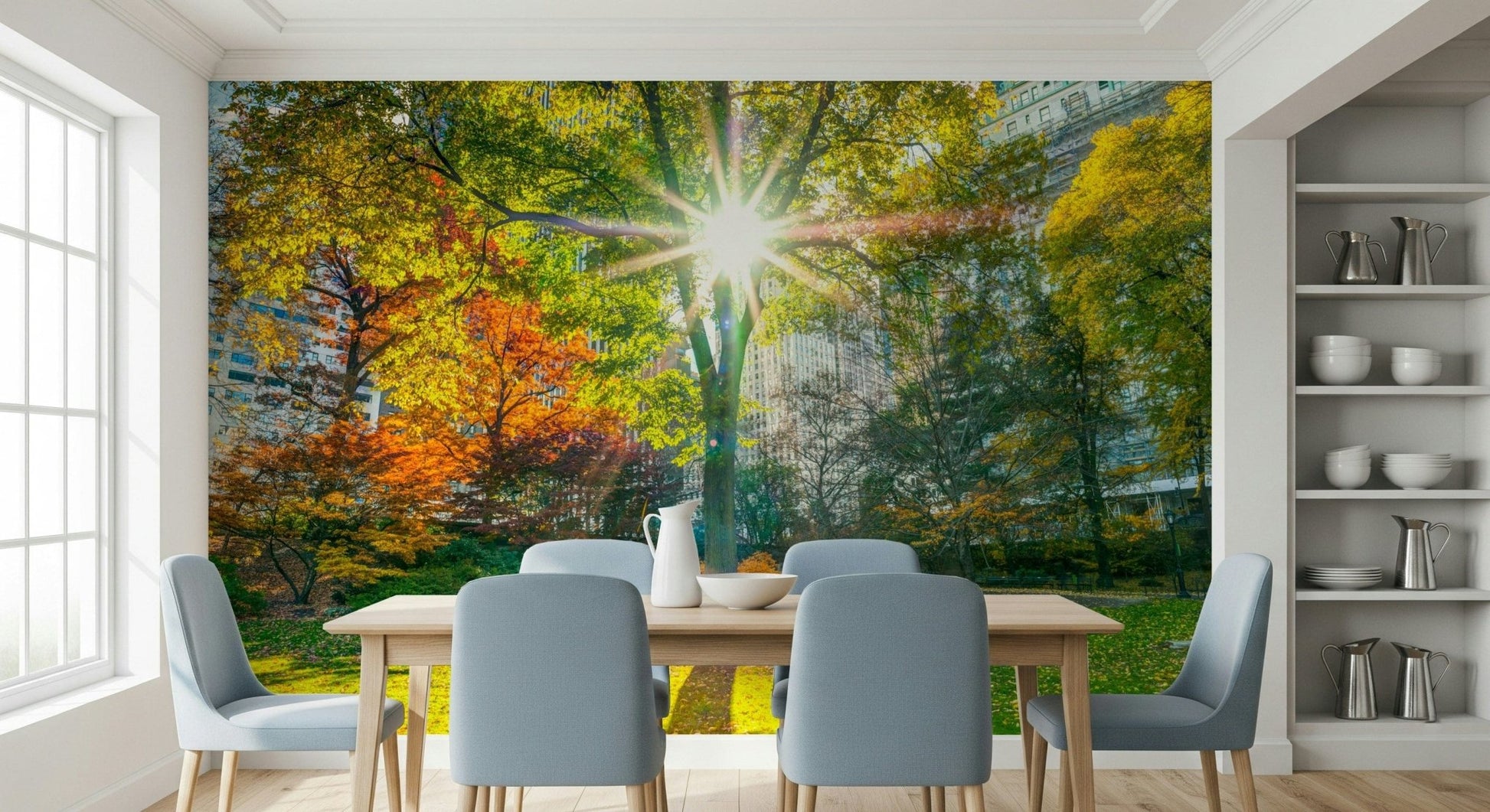 Sun Rays Through Trees wall mural for a peaceful guest room.