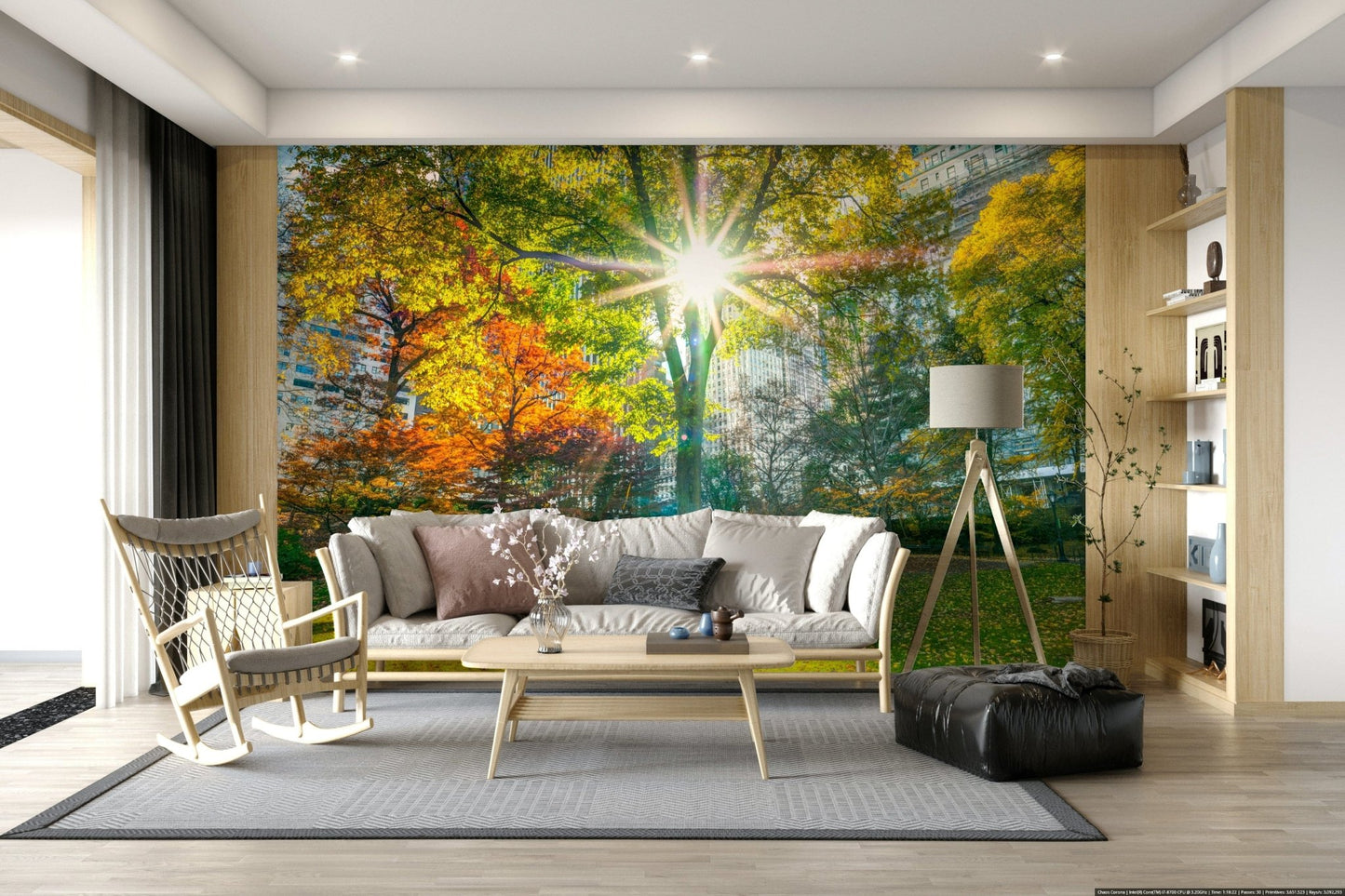 Sun Rays Through Trees wall mural paired with wooden furniture.