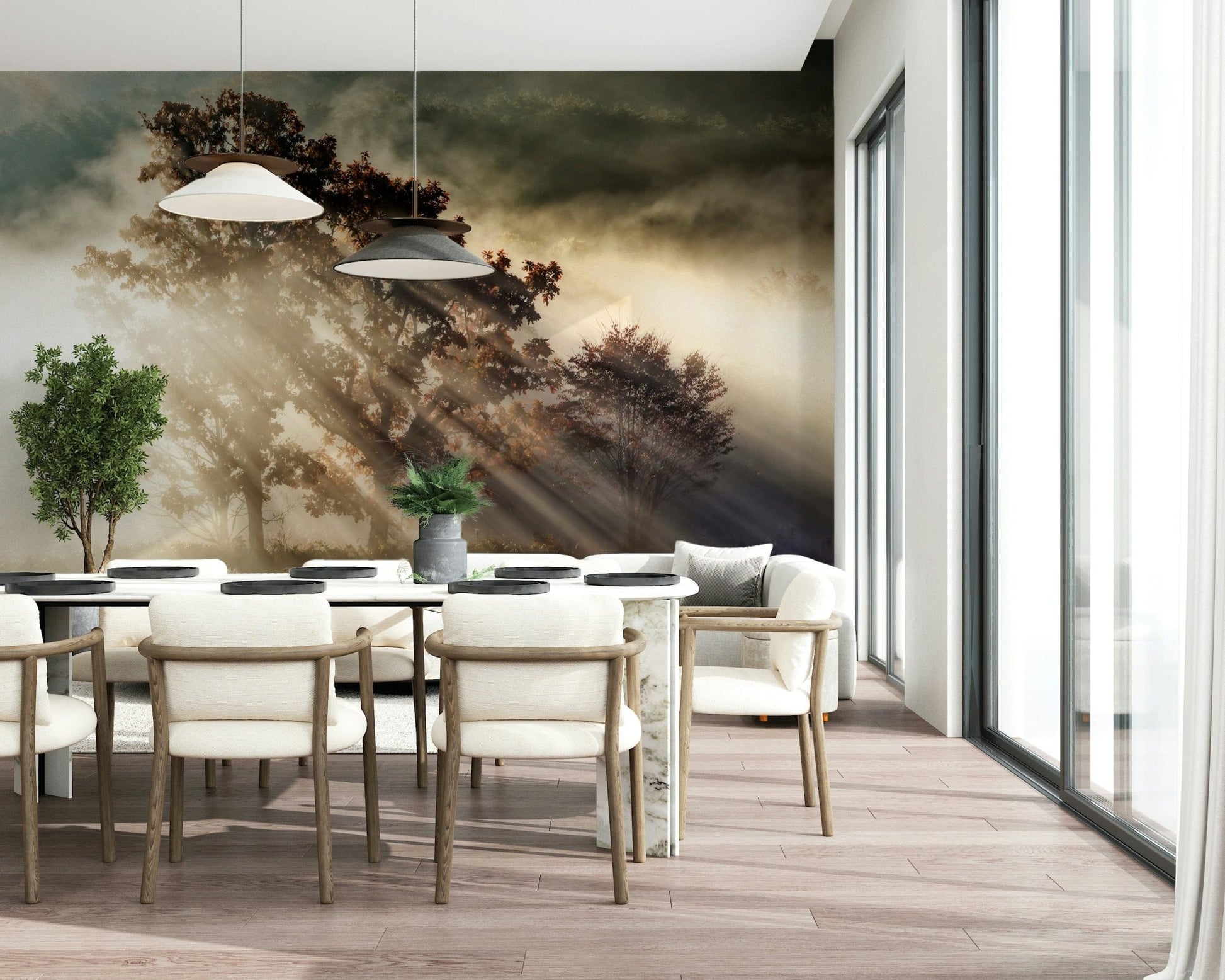 Sunbeam wallpaper, a magnificent scene of misty morning woods.