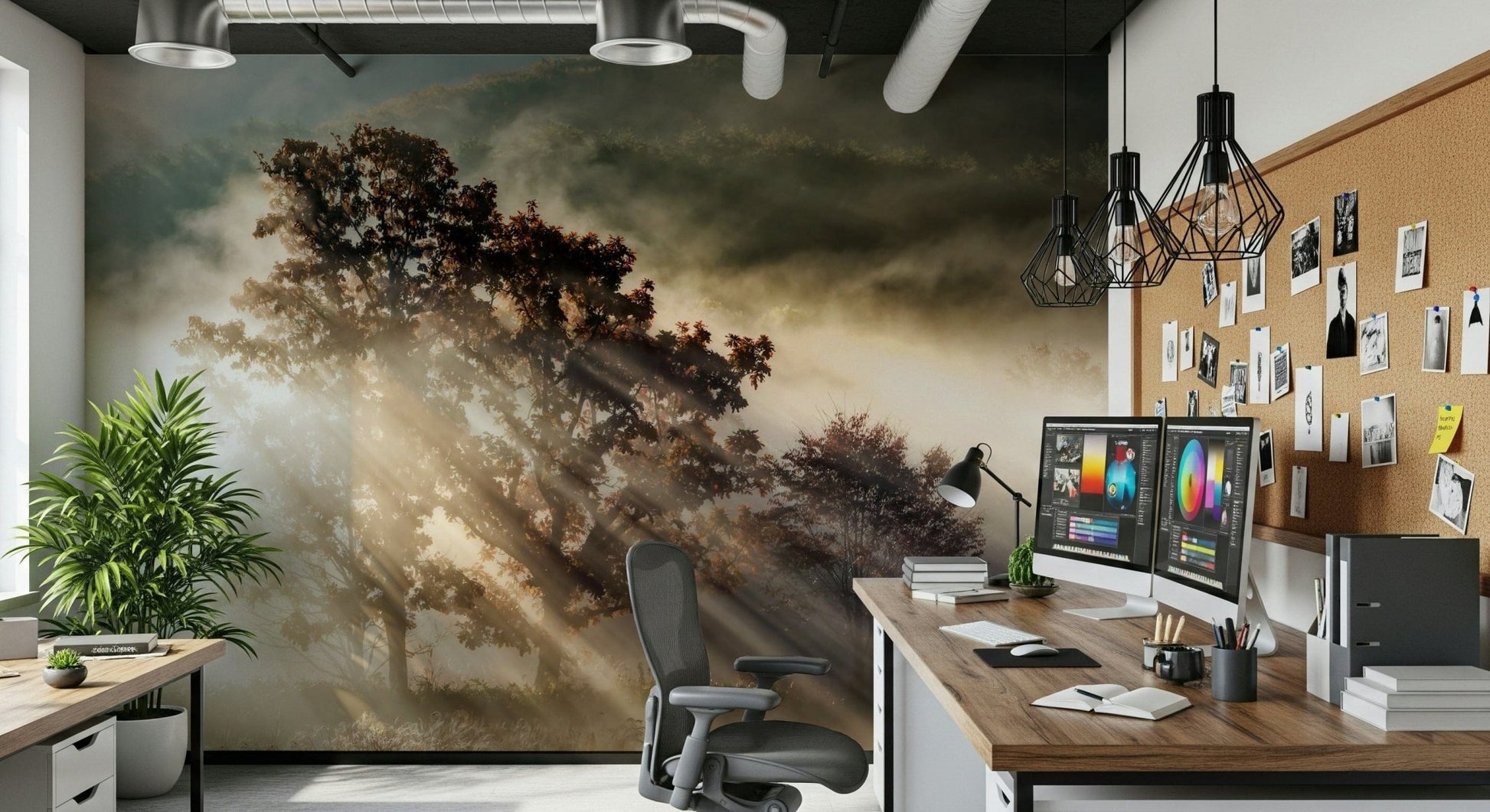 Sunbeam wallpaper for walls, featuring a glorious, misty forest sunrise.