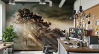 Sunbeam wallpaper for walls, featuring a glorious, misty forest sunrise.