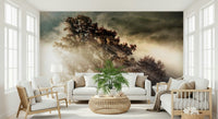 Sunbeam mural showing light rays piercing a foggy forest canopy.
