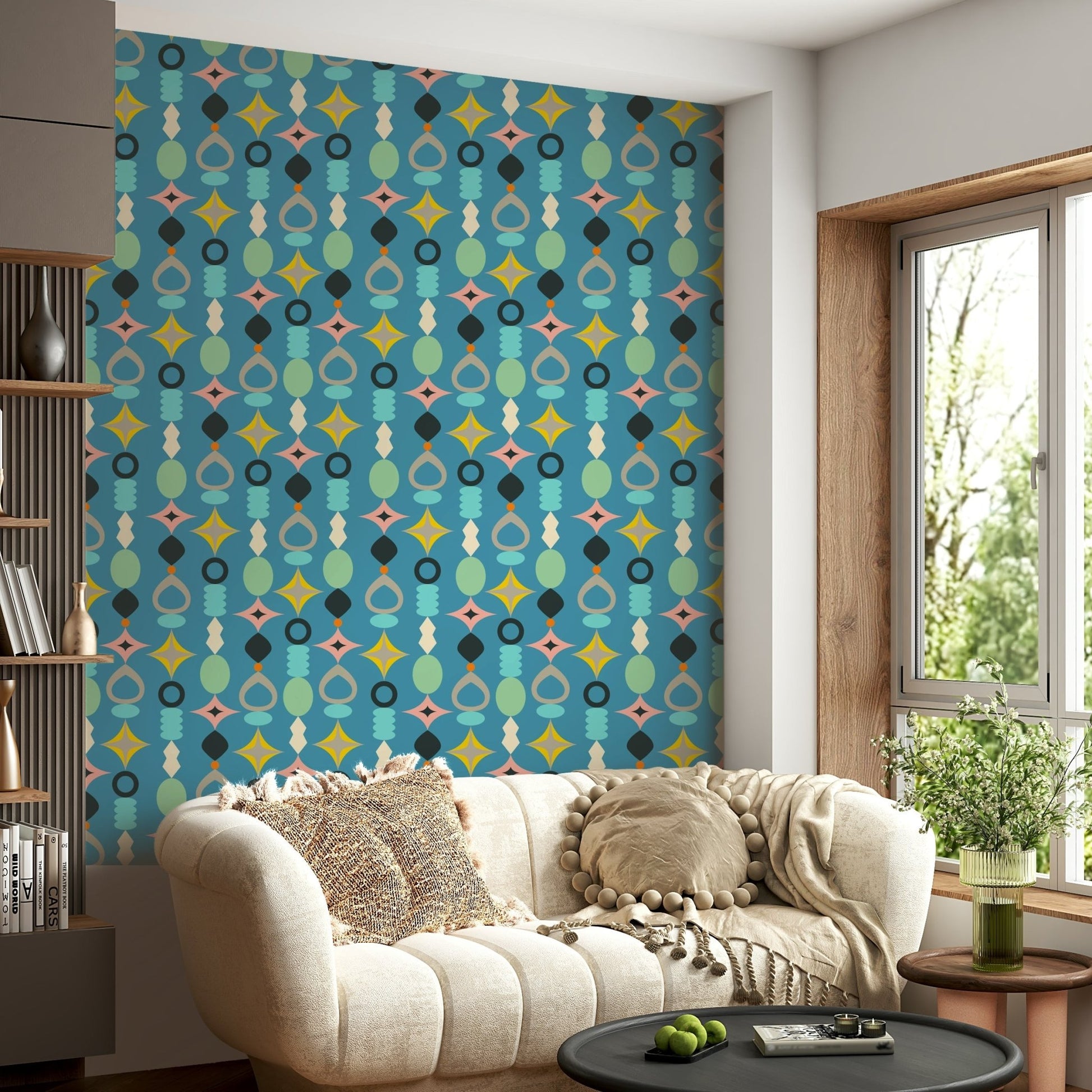 Mid-century modern design featuring blue abstract shapes.

