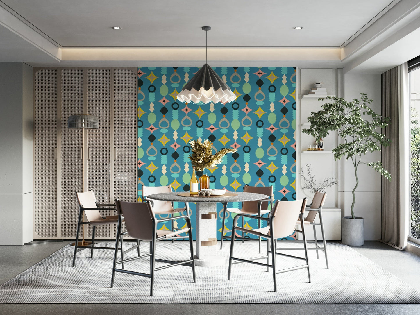 Blue wallpaper with mid-century abstract geometric shapes.

