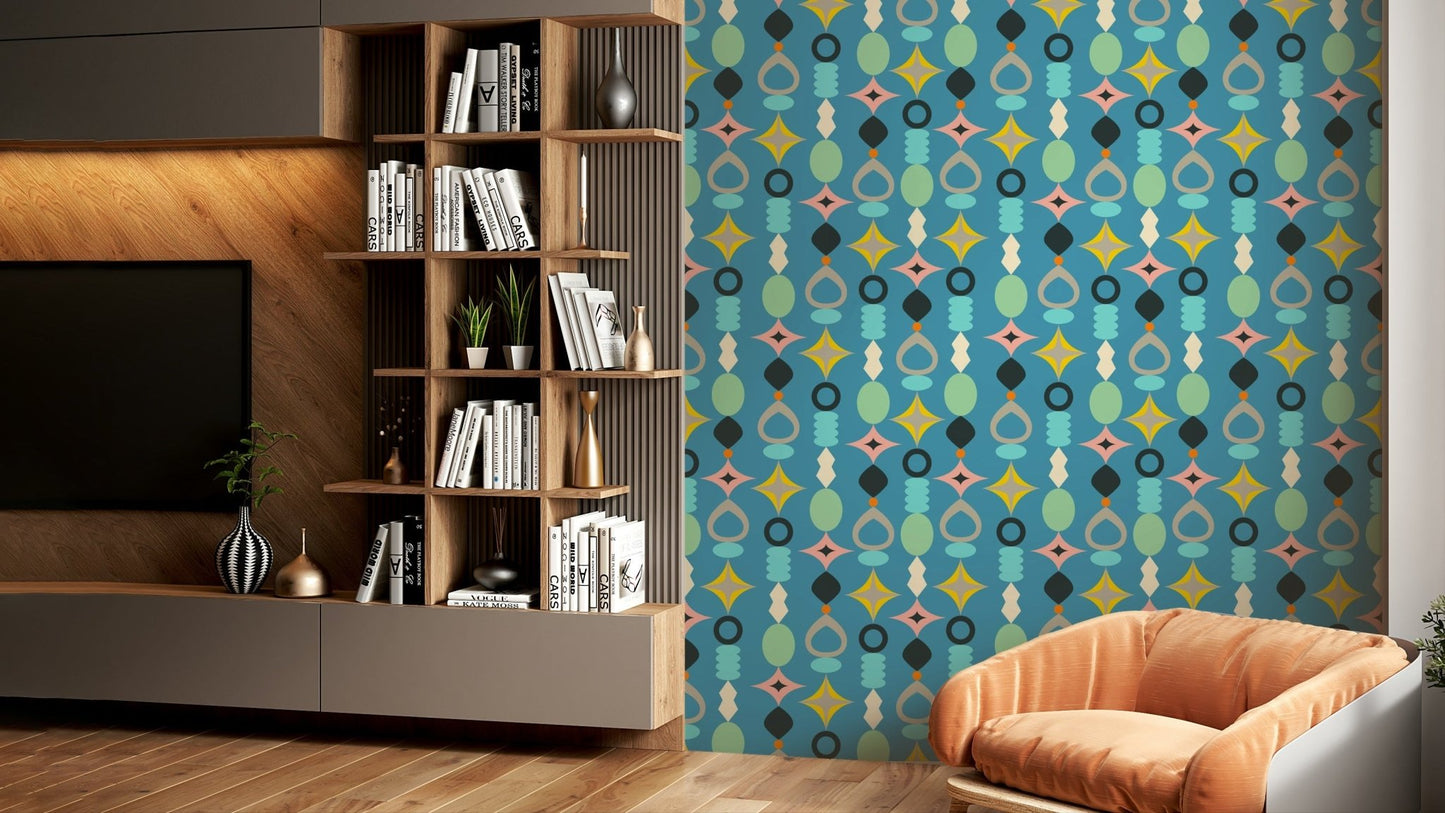 Modern blue wallpaper with mid-century abstract shapes.


