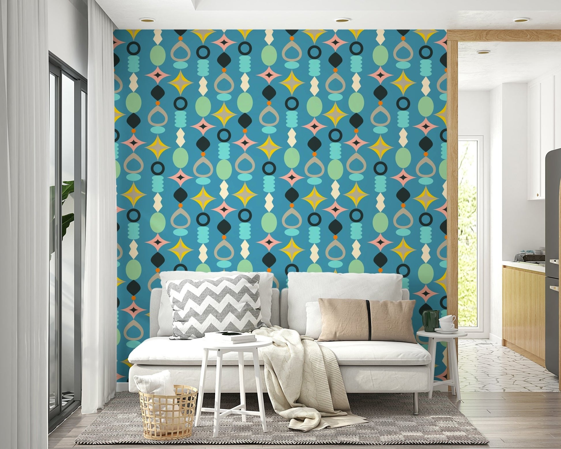 Retro abstract shapes on blue wallpaper for home decor.

