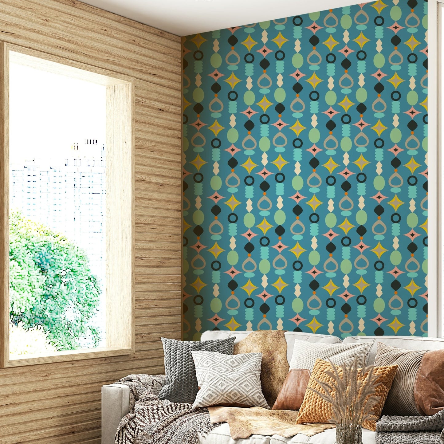 Abstract blue wallpaper with retro mid-century shapes.


