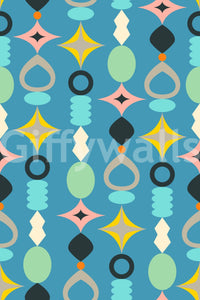 Blue retro wallpaper with geometric mid-century design.


