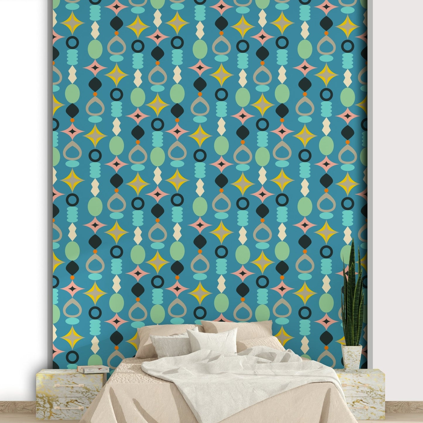 Bold mid-century modern wallpaper in abstract blue tones.

