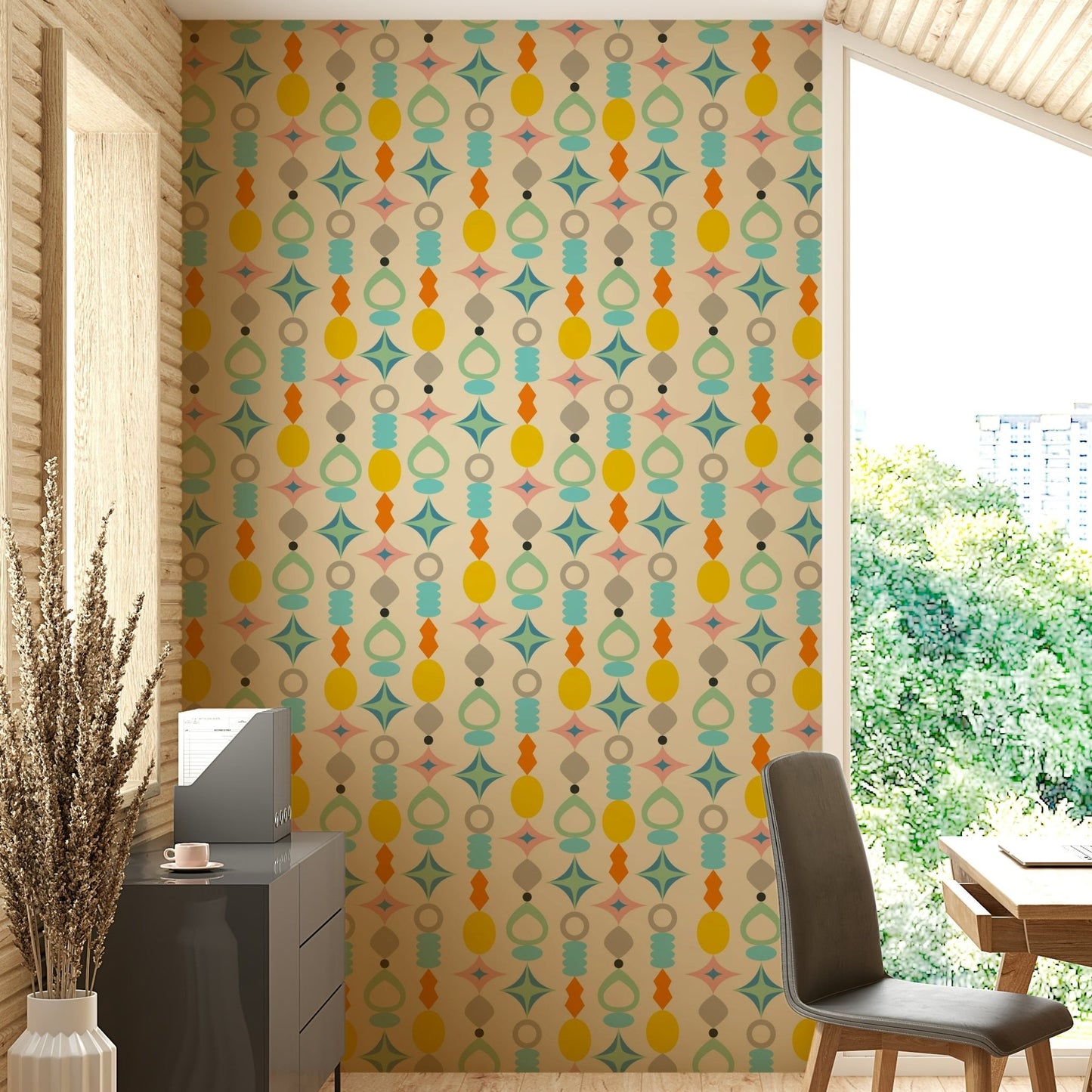Suncatchers retro abstract shapes on cream wallpaper, GD1584