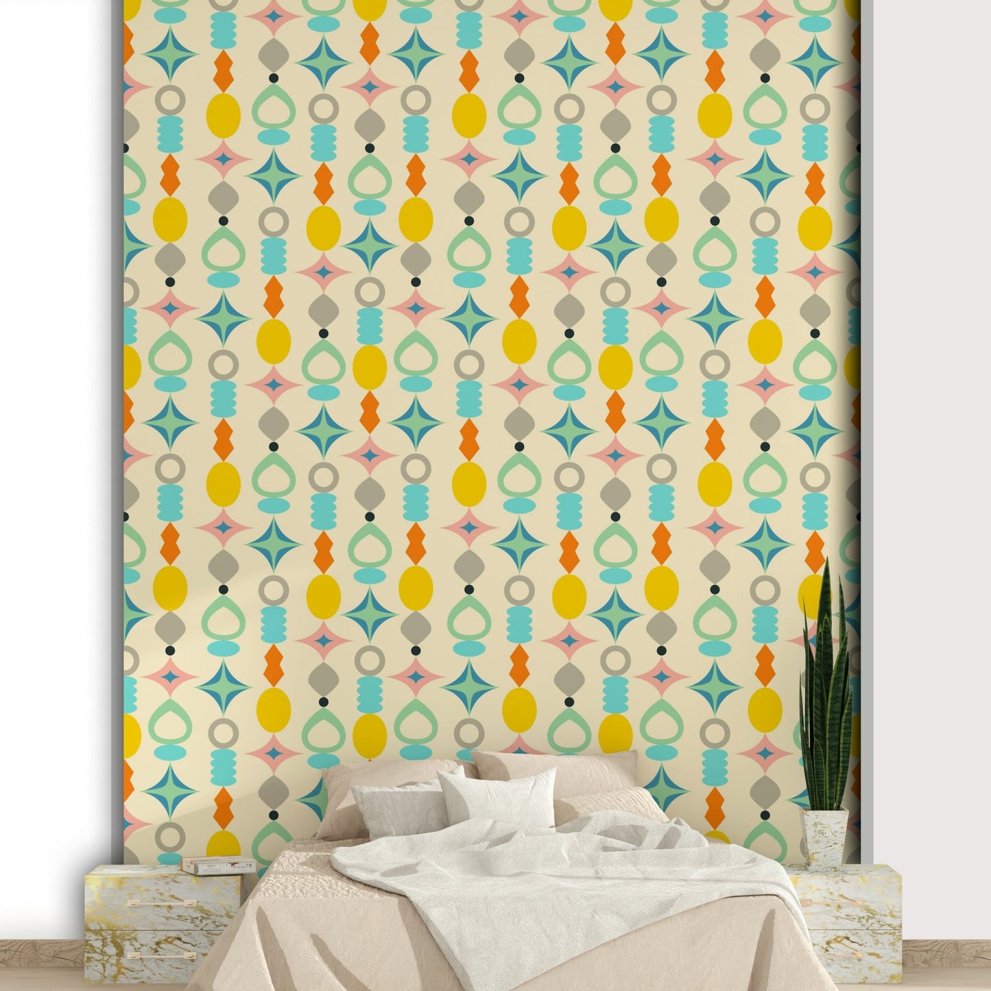 Cream wallpaper with retro suncatcher shapes and patterns, GD1584
