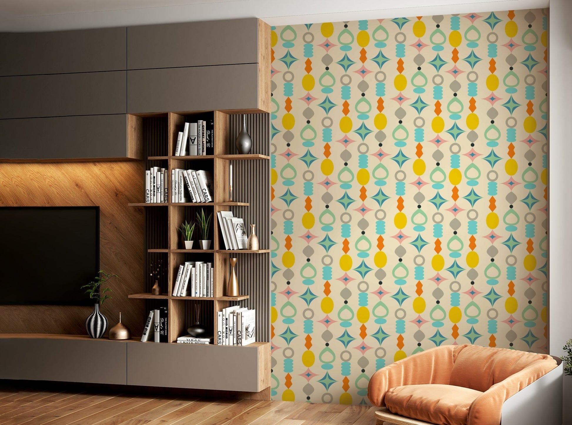 Retro-inspired cream wallpaper with abstract shapes, GD1584