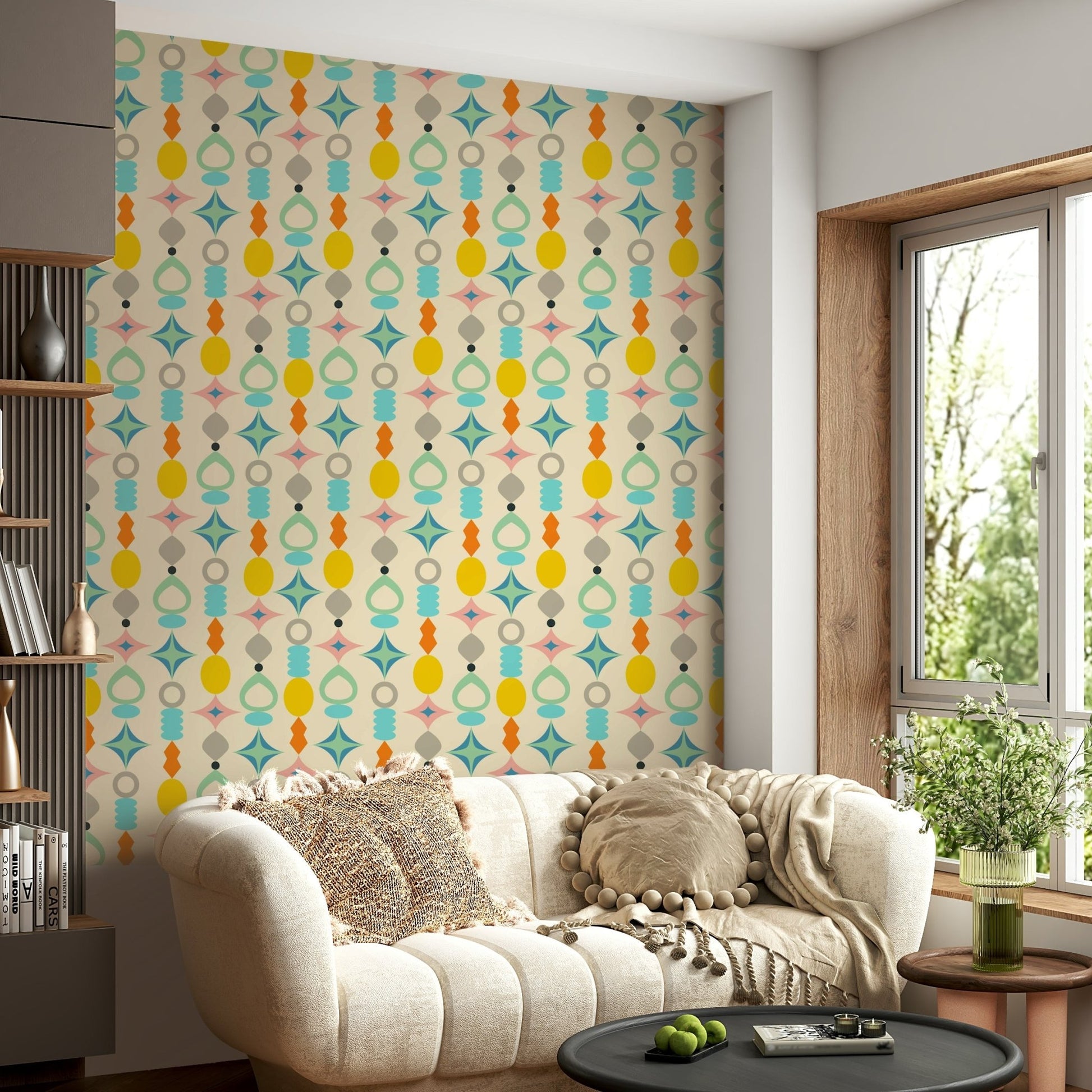 Mid-century modern abstract design wallpaper in cream, GD1584