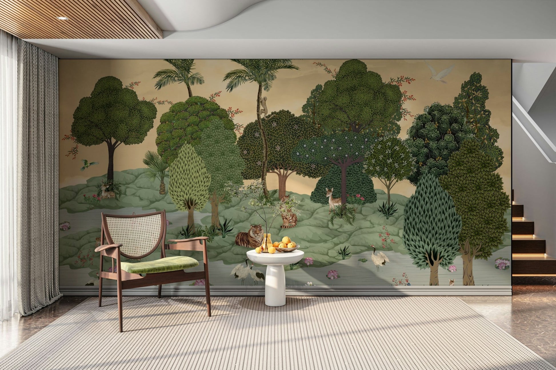 The colors are gentle and lush, with a natural, green and gray palette.

