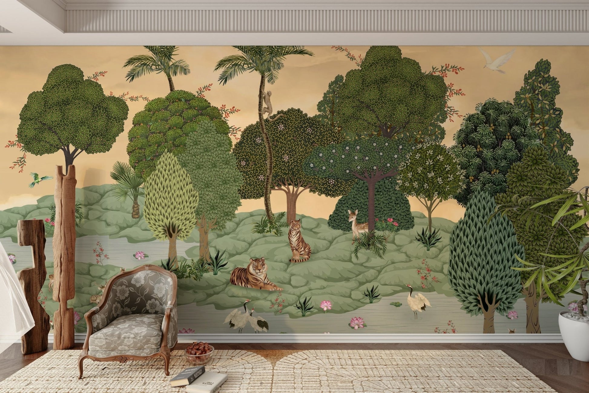 The design features a repeating pattern of soft, graceful trees and foliage.

