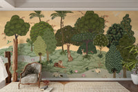 The design features a repeating pattern of soft, graceful trees and foliage.

