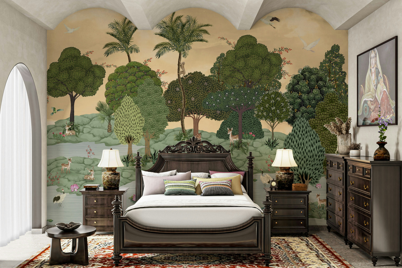 A peaceful wall mural with an organic, natural design.

