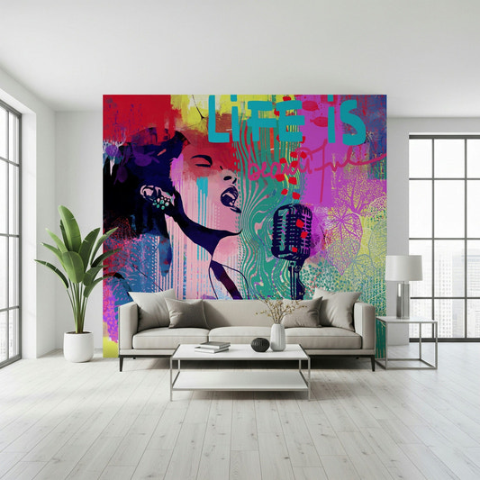 Sunday Blues wall mural in a minimalist living room.
