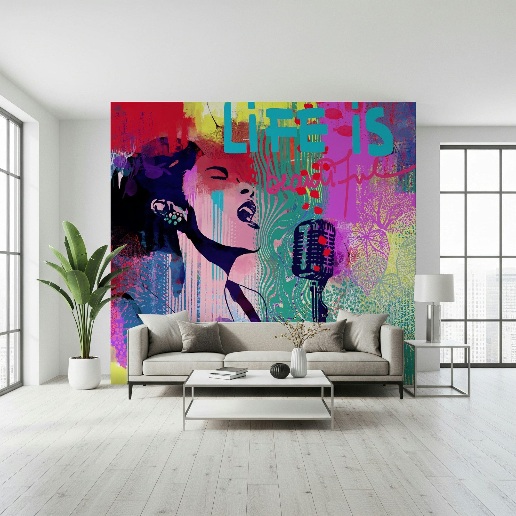 Sunday Blues wall mural in a minimalist living room., GD7812