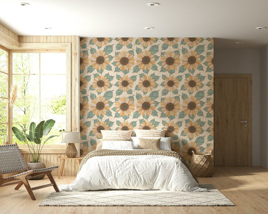 Sunflower Bloom Wallpaper Helianthic pattern, glorious flowers, wall mural.