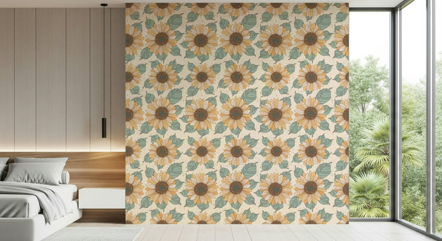 Jocose Sunflower Bloom Wallpaper: Goldenrod color, wall adornment.