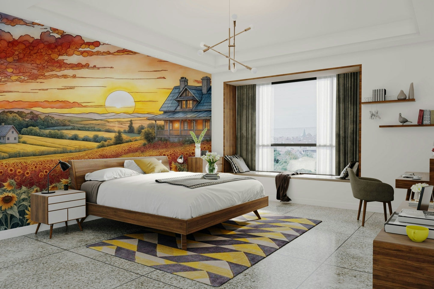 The sun is rising, casting a warm, golden glow on the flowers.

