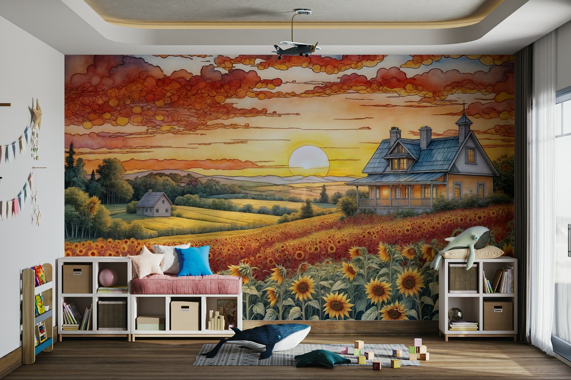 A peaceful wall mural with a field of sunflowers.

