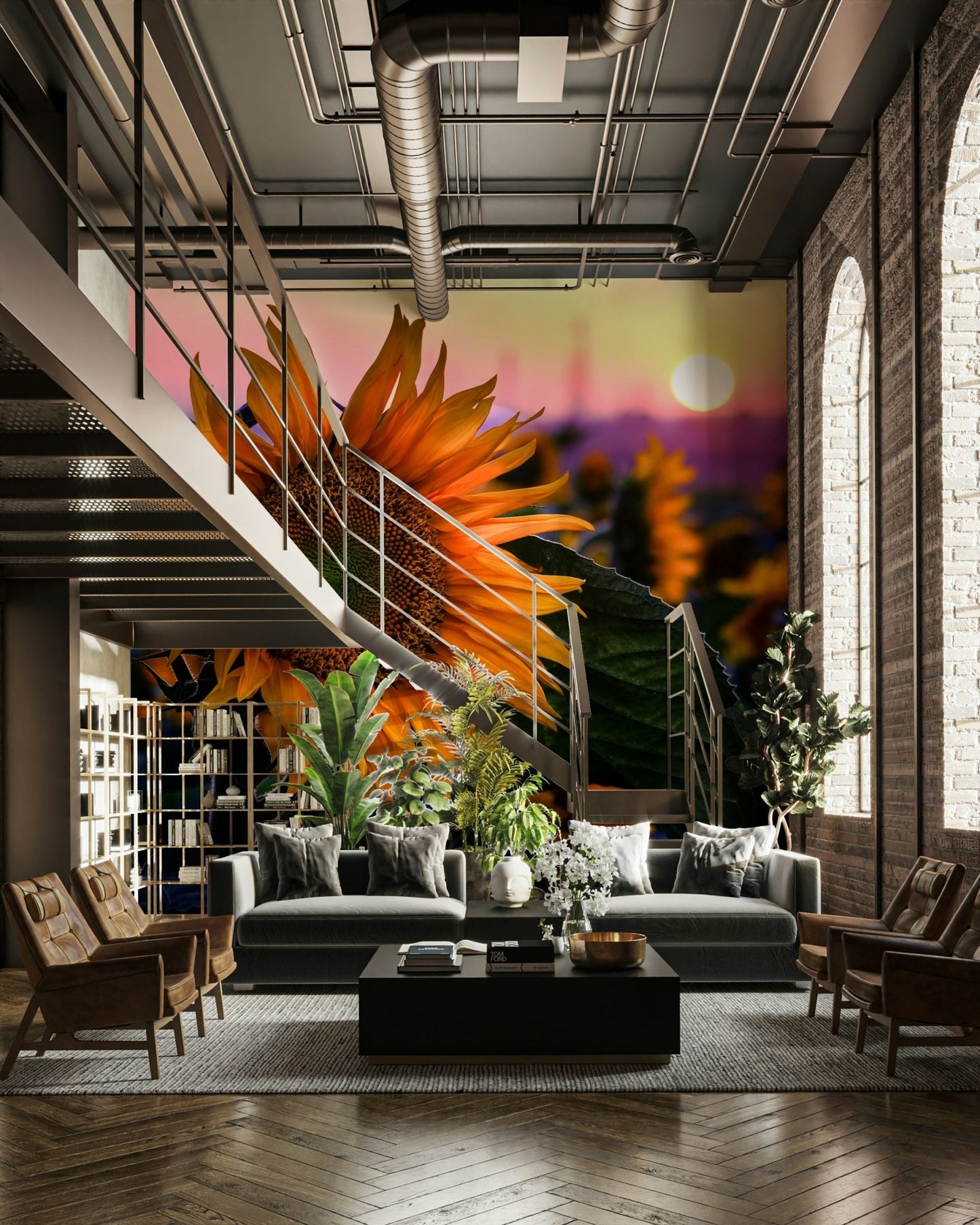 The color palette is composed of brilliant yellows, oranges, and reds from the sunset, with green foliage.
