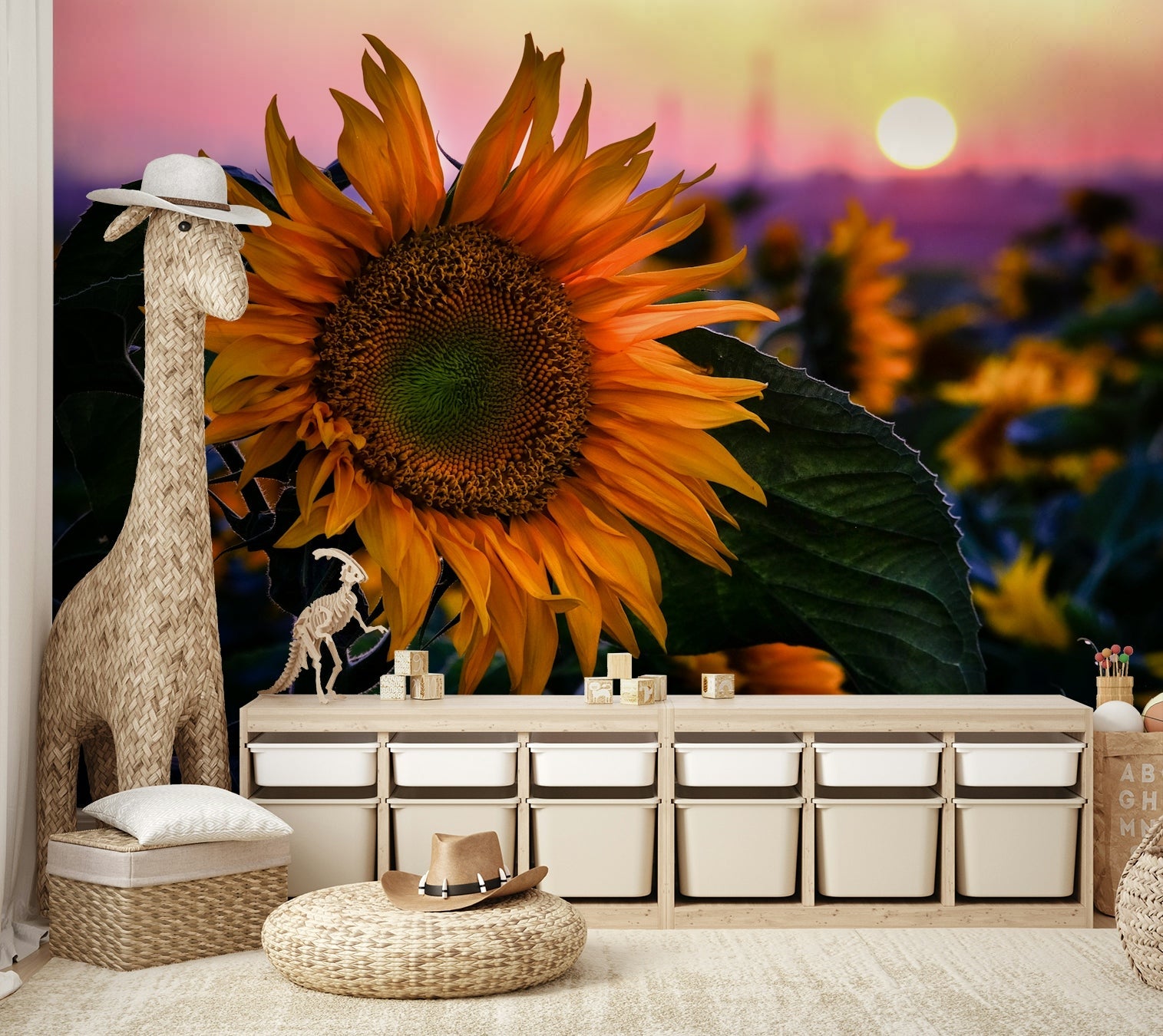 Features an expansive field of sunflowers, illuminated by the warm light of a sunset.
