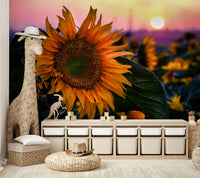 Features an expansive field of sunflowers, illuminated by the warm light of a sunset.
